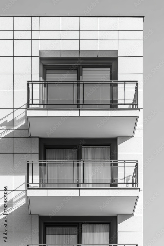 A black and white photo of a building with balconies A black and white photo of a building with balconies