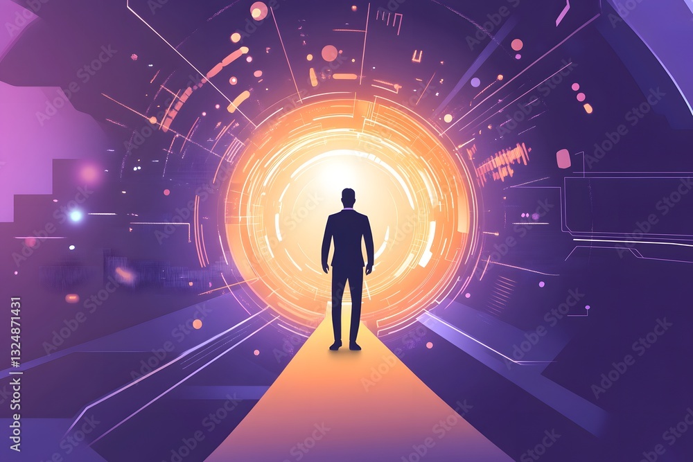Man Walking Toward Glowing Portal Abstract Technology Future Concept Man Walking Toward Glowing Portal Abstract Technology Future Concept