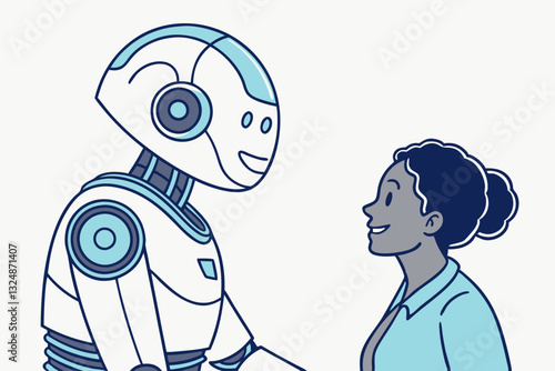 Vector illustration of a futuristic humanoid AI assistant, sleek white and blue design with glowing elements. Smiling expression, friendly interaction with a person