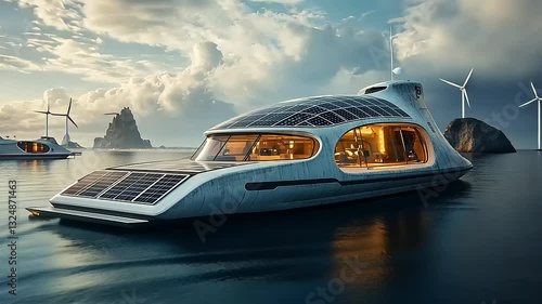 Wallpaper Mural Futuristic solar-powered yacht sailing in serene waters with wind turbines and rocky islands in background Torontodigital.ca