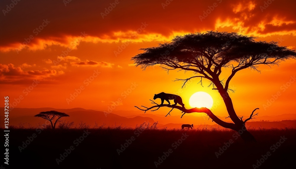 Majestic silhouette of a leopard on a tree branch at sunset, showcasing wildlife in an African landscape Majestic silhouette of a leopard on a tree branch at sunset, showcasing wildlife in an African landscape