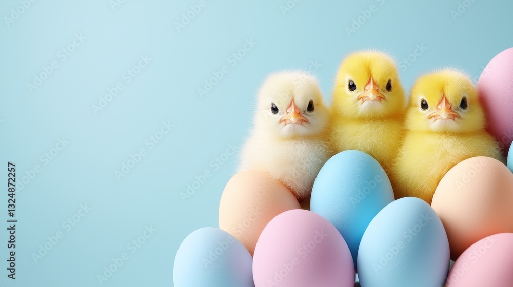 A group of small yellow chicks sitting on top of a pile of colored eggs A group of small yellow chicks sitting on top of a pile of colored eggs