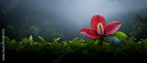 Vibrant Red Flower Blooming In Lush Green Rainforest With Misty Fog And Dew Drops In Moody Lighting