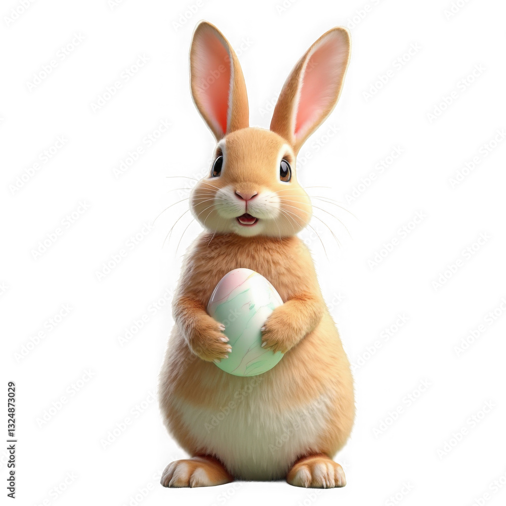 Fototapeta premium Brown Easter Bunny Holding Decorated Egg PNG Clipart, Isolated Image For Holiday Design