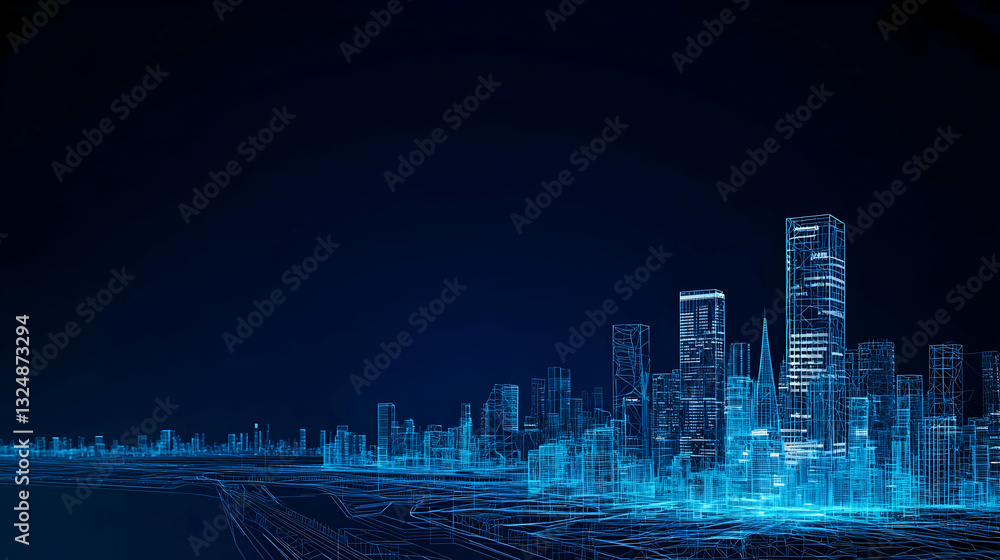 Fototapeta premium Futuristic Blue Digital City Skyline at Night with Illuminated Buildings and Glowing Grid