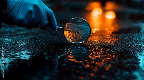 Magnifying Glass in Rainy Crime Scene Investigation

