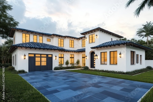 A modern home with an azure Spanish-style roof, pearl white stucco walls, and jet black wooden accents on the facade