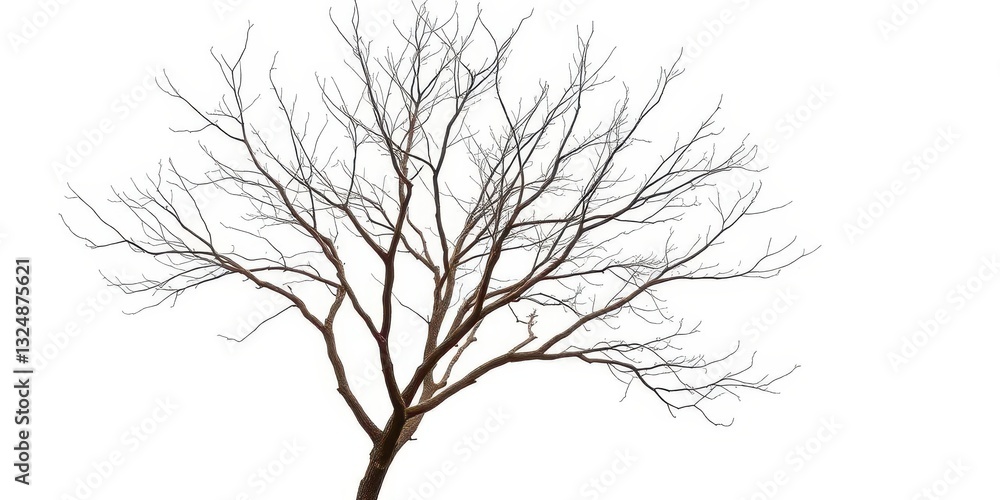 Fototapeta premium Single deciduous tree, stark branches against pure white backdrop, isolated, vibrant