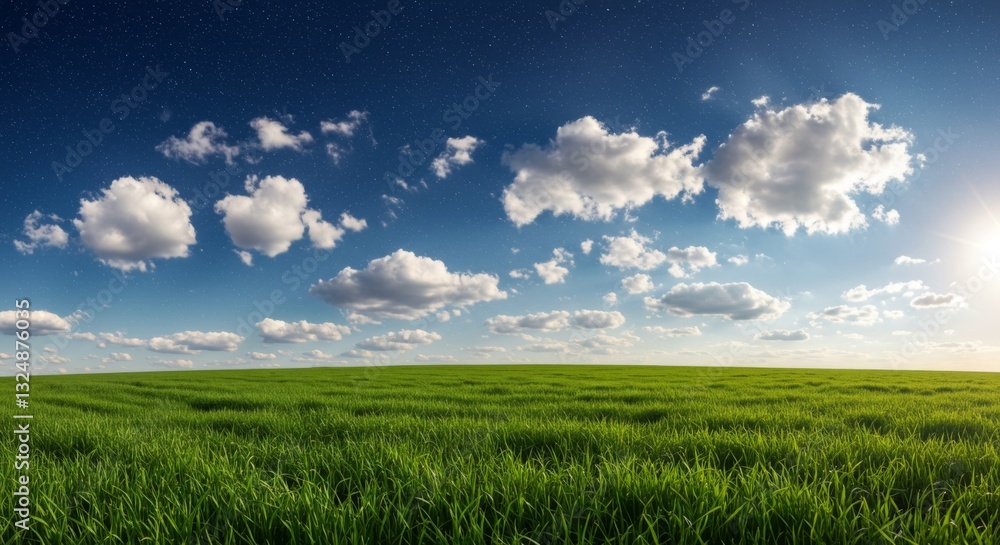 Obraz premium Green Grass Field Under Sunny Blue Sky with Clouds and Stars
