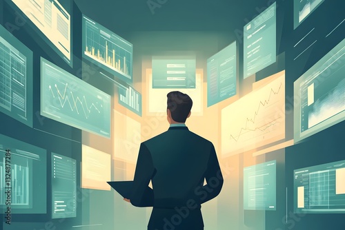 Analyst Viewing Business Data on Multiple Screens Holding a Laptop