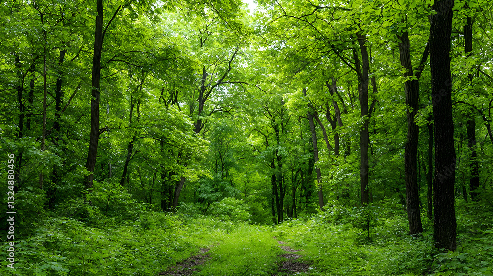Lush Green Forest Scene With Sunlight Streaming Through The Trees And Foliage Creating A Tranquil Natural Environment Lush Green Forest Scene With Sunlight Streaming Through The Trees And Foliage Creating A Tranquil Natural Environment