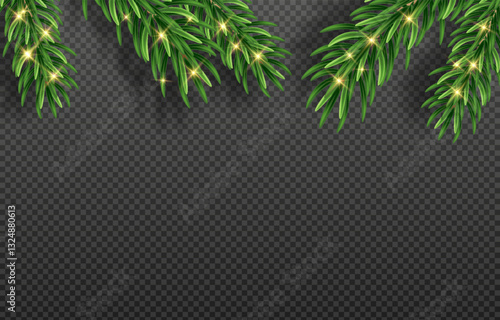 Green Christmas fir branches with detailed needles in vector graphics. Perfect for holiday designs, greeting cards, and banners. Png background for easy integration.