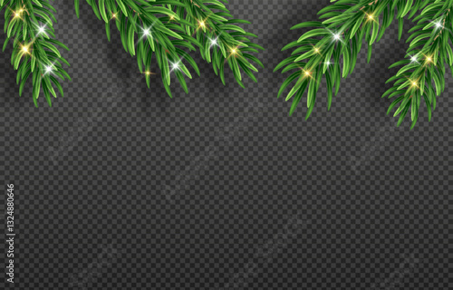 Green Christmas fir branches with detailed needles in vector graphics. Perfect for holiday designs, greeting cards, and banners. Png background for easy integration.