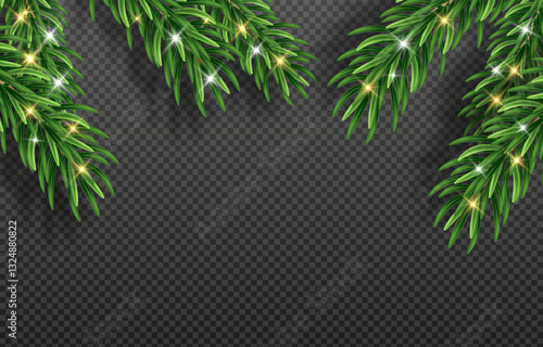 Green Christmas fir branches with detailed needles in vector graphics. Perfect for holiday designs, greeting cards, and banners. Png background for easy integration.