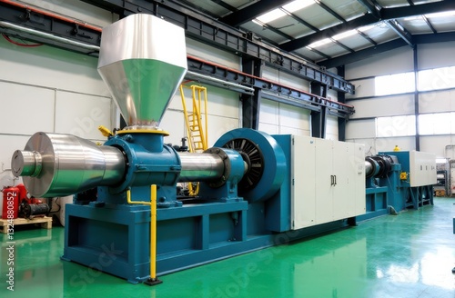 A twin screw compounder with extruder and hopper for bulk materials for mixing thermoplastic elasomers and plastics on a background of production