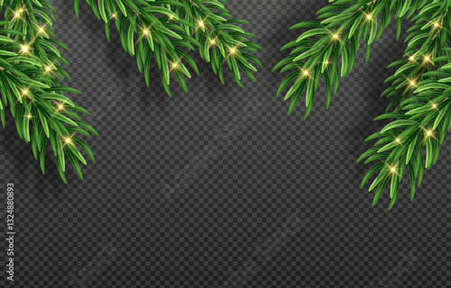 Green Christmas fir branches with detailed needles in vector graphics. Perfect for holiday designs, greeting cards, and banners. Png background for easy integration.