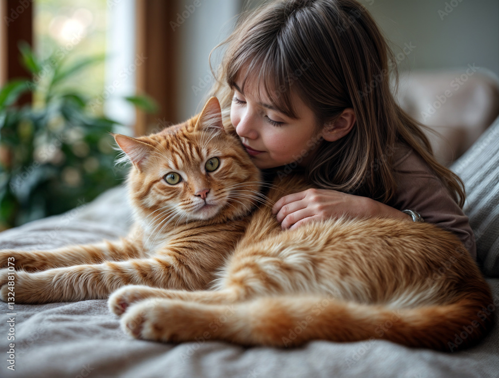 Child cuddles with an orange tabby cat indoors, creating a warm and loving atmosphere in a cozy living room during afternoon light Child cuddles with an orange tabby cat indoors, creating a warm and loving atmosphere in a cozy living room during afternoon light