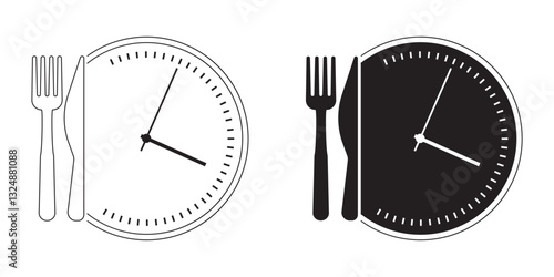Lunch break icon set. Time to eat and rest. Icon symbolizing the meal schedule. Meal periods. Plate with dial and fork with knife. EPS 10. Vector illustrations