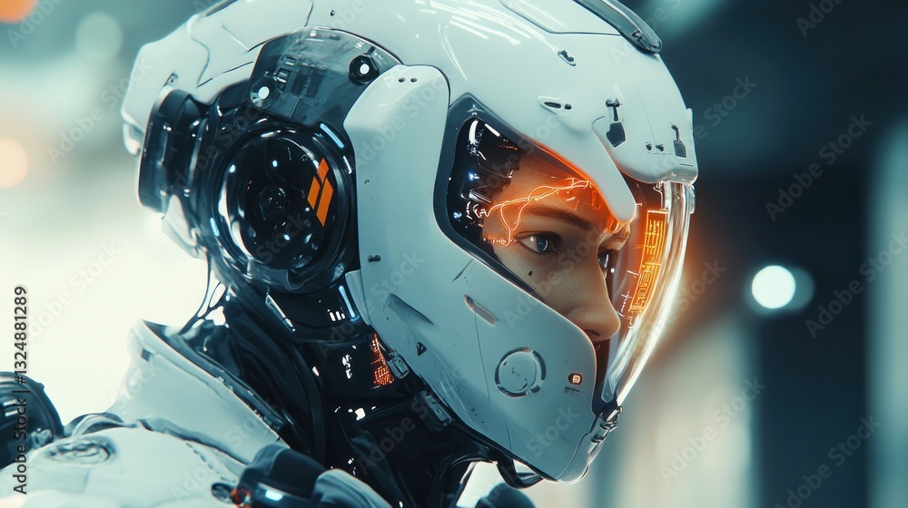 Cyberpunk Female Astronaut in Futuristic Helmet Cyberpunk Female Astronaut in Futuristic Helmet