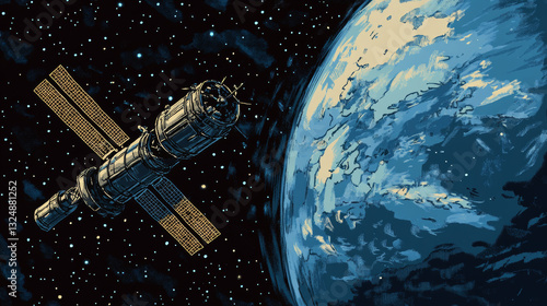 Fototapeta Naklejka Na Ścianę i Meble -  Abstract mash line and point Orbital space station on white background with an inscription. Starry sky or space, consisting of stars and the universe. Vector business illustration