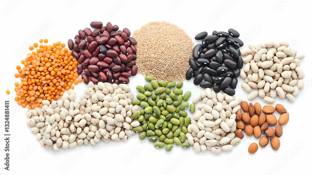 Assortment Of Various Dried Beans Legumes And Pulses In Colorful Piles On White Background Assortment Of Various Dried Beans Legumes And Pulses In Colorful Piles On White Background