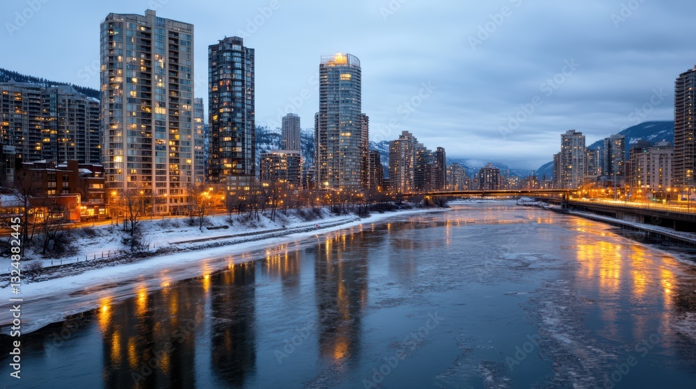 Naklejka premium Towers rise over a tranquil river, its surface reflecting the glow of city lights under an overcast sky, blending urban energy with serene waters.