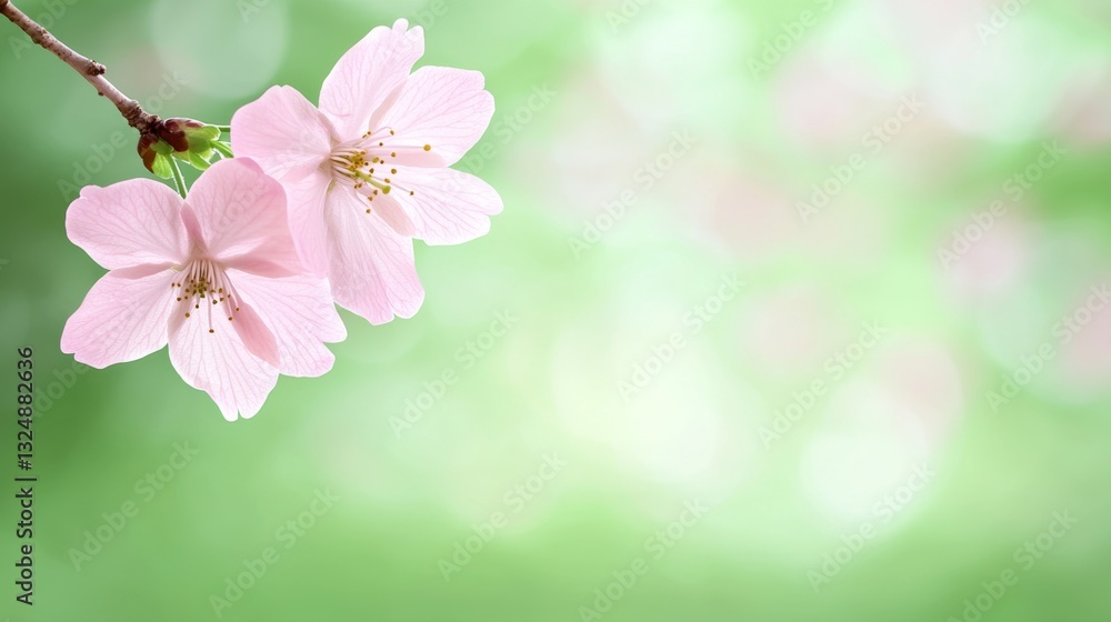A branch with pink flowers on a green background A branch with pink flowers on a green background