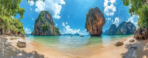 Stunning Panoramic View of Tropical Beach in Thailand with Iconic Limestone Cliffs