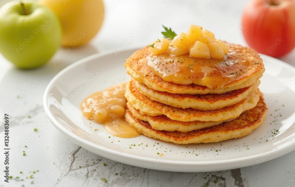Stack of Pancakes with Apple Topping and Applesauce for Breakfast Stack of Pancakes with Apple Topping and Applesauce for Breakfast