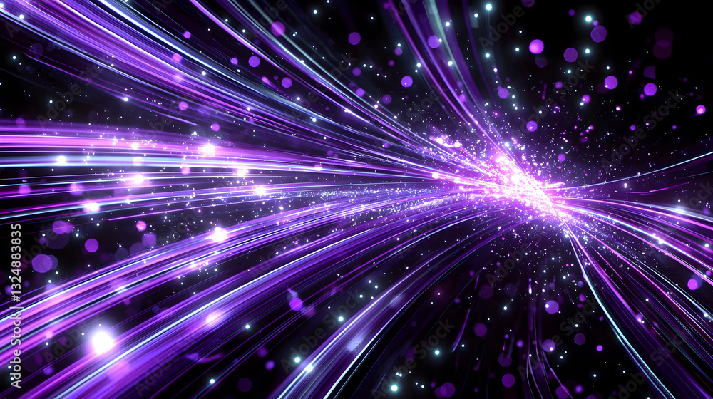 Abstract Purple Light Trails With Glittering Particles In Dark Background Representing Digital Data Flow Abstract Purple Light Trails With Glittering Particles In Dark Background Representing Digital Data Flow