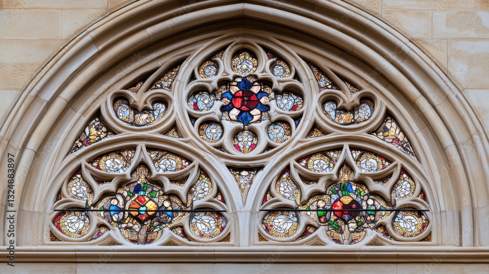 Fototapeta premium A stained-glass window, featuring a complex and colorful design, captures the sunlight, illuminating architectural artistry and craftsmanship.