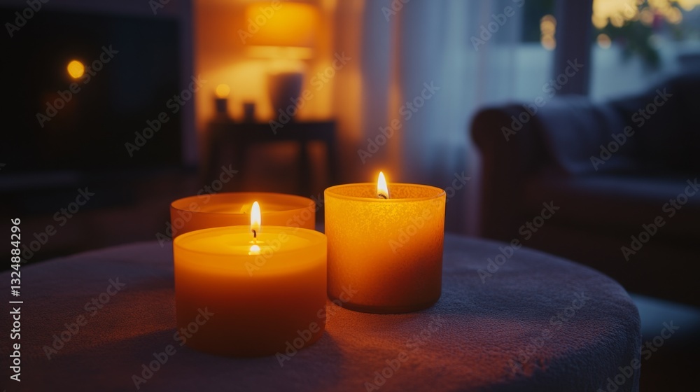 Soft candlelight creates a warm and inviting atmosphere in a cozy living room during twilight hours Soft candlelight creates a warm and inviting atmosphere in a cozy living room during twilight hours