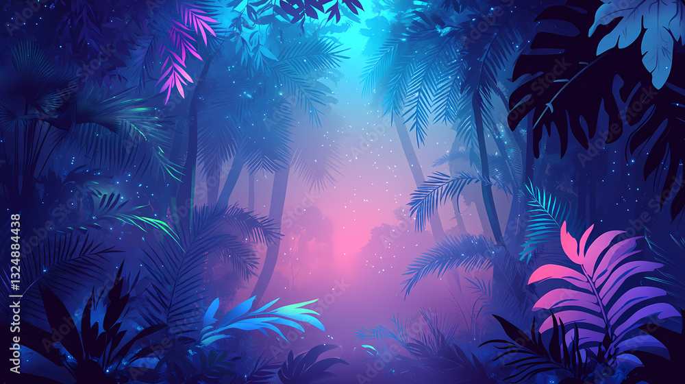 A dreamlike rainforest where glowing plants create a radiant canopy, and soft mist reflects the vibrant hues of bioluminescent light. Dreamlike Hues. Illustration A dreamlike rainforest where glowing plants create a radiant canopy, and soft mist reflects the vibrant hues of bioluminescent light. Dreamlike Hues. Illustration