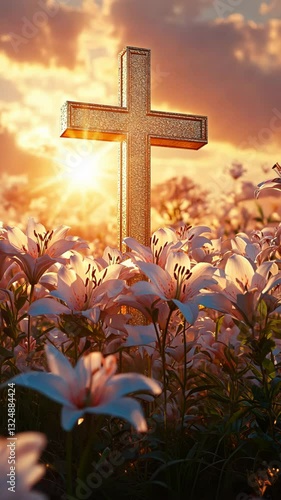 golden cross among blooming lilies at sunset, symbolizing resurrection, faith, and eternal life in christian traditions, associated with easter, remembrance, and spirituality