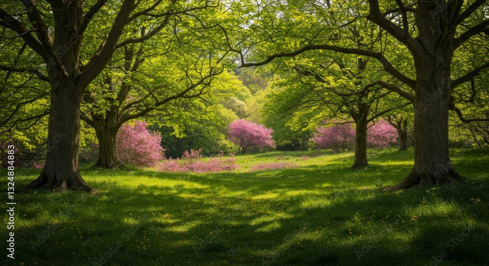 Walking Through Grassy Woodland with Flowering Pink Trees on Sunny Day Walking Through Grassy Woodland with Flowering Pink Trees on Sunny Day