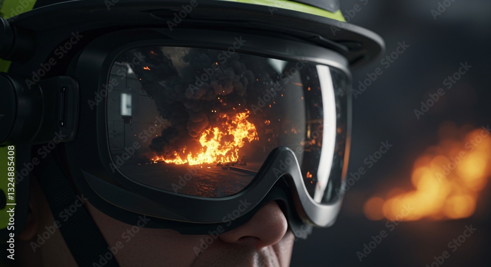 Man firefighter in helmet and protective glasses looking at fire blaze with explosive smoke cloud for dangerous work dealing with flames in emergency situations and rescue duty Man firefighter in helmet and protective glasses looking at fire blaze with explosive smoke cloud for dangerous work dealing with flames in emergency situations and rescue duty