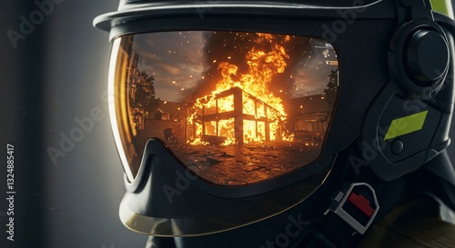 Man in firefighter helmet reflecting burning building provides emergency fire response, battling flames, danger, rescue, safety, courage and building for safety poster