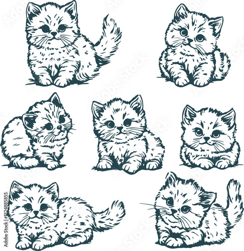 Set of hand-drawn vector kittens rubber stamps