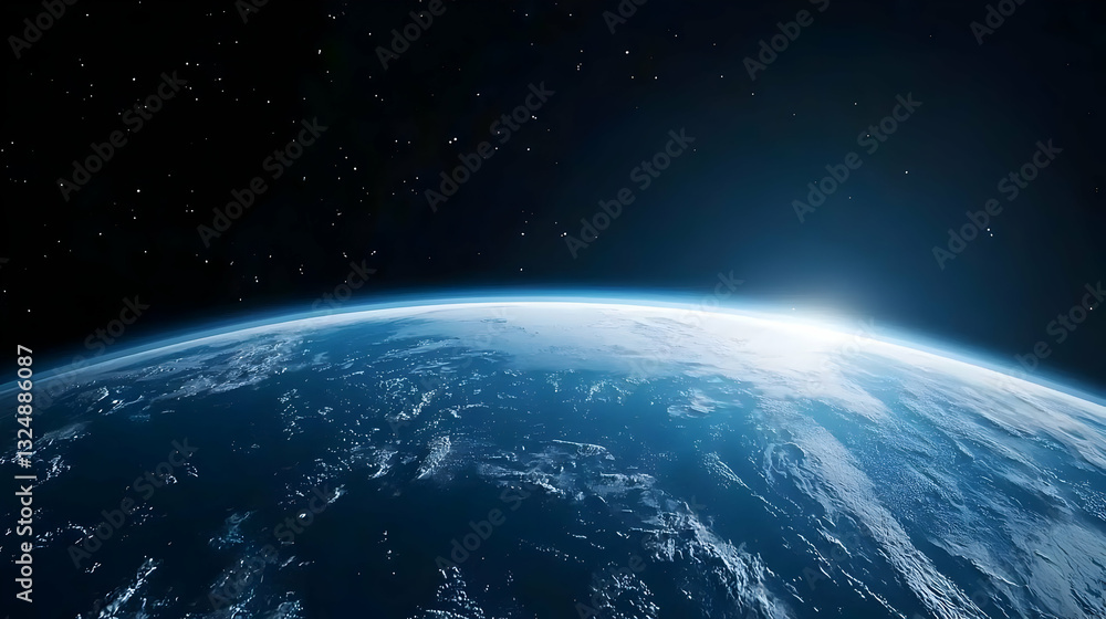 View of the Earth from Space with Blue Illuminated Surface and Glowing Horizon Against a Black Background with Bright Stars View of the Earth from Space with Blue Illuminated Surface and Glowing Horizon Against a Black Background with Bright Stars