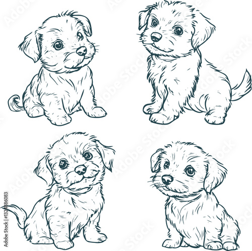 Set of hand-drawn vector puppies rubber stamps