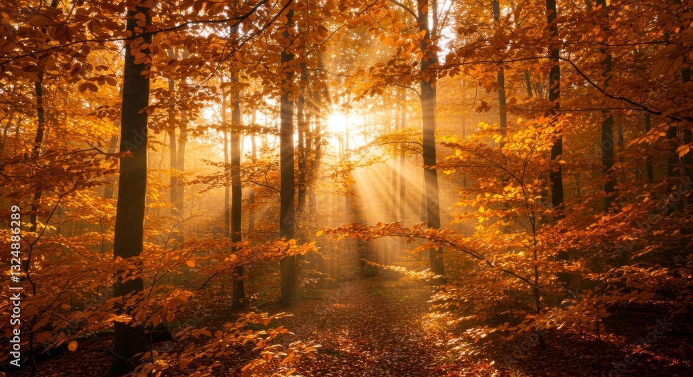 Fototapeta premium Sunlight Streaming Through Golden Autumnal Forest with Fallen Leaves