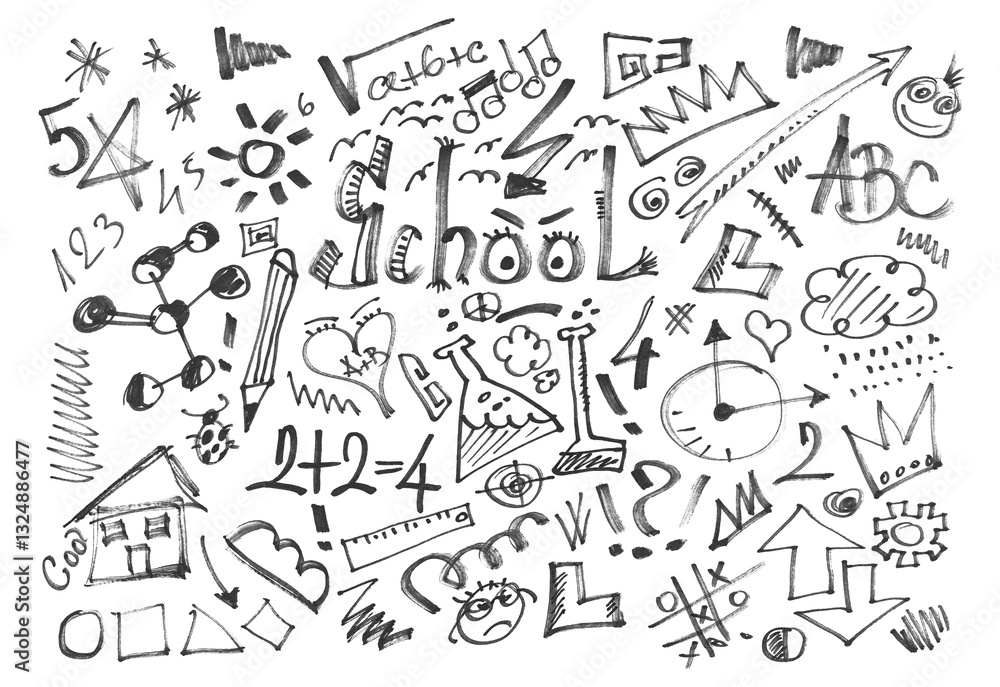 Doodle symbols and icons, hand draw black marker, isolated on white Doodle symbols and icons, hand draw black marker, isolated on white