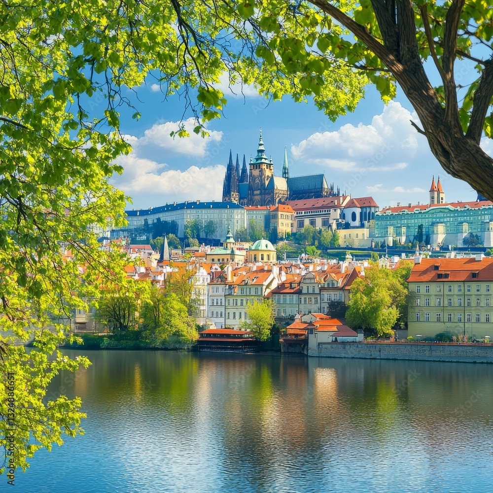 Fototapeta premium Prague's Spring Green Lesser Town above River Vltava under castle