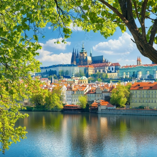 Prague's Spring Green Lesser Town above River Vltava under castle