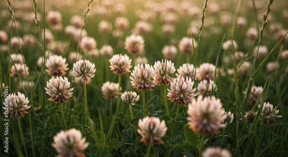 Field of Clover Flowers Blooming in Warm Sunlight Natural Meadow Scene Field of Clover Flowers Blooming in Warm Sunlight Natural Meadow Scene