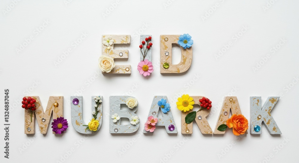 A creative design Eid Mubarak is written with capital letters crafted from painted wood or clay each letter is adorned with delicate flowers leaves and small decorative elements festive look A creative design Eid Mubarak is written with capital letters crafted from painted wood or clay each letter is adorned with delicate flowers leaves and small decorative elements festive look