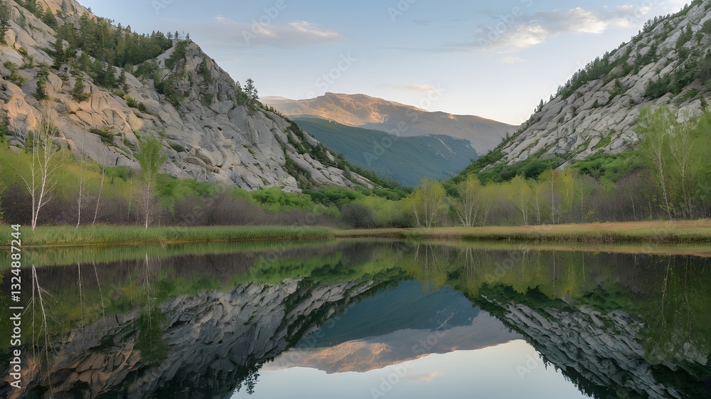 Serene Landscape with Calm Water Reflection and Rocky Mountains
