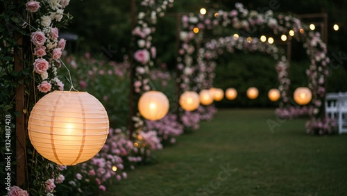Romantic Garden Wedding Decor with Glowing Lanterns and Floral Archway