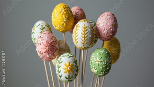 Colorful Embroidered Easter Eggs on Sticks for Festive Decoration