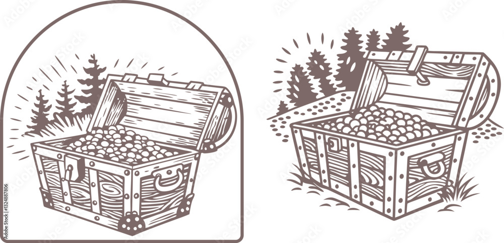 set of color Open treasure chest filled with jewelry and gold vector, engraving sketch ink poster black illustration etching style tattoo line 